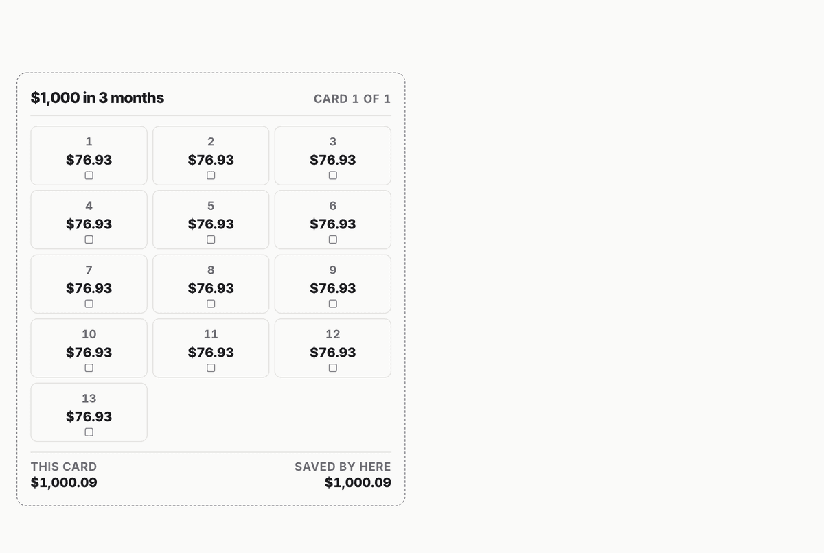 $1,000 in 3 months A6 binder inserts: 1 cards covering all 13 deposits, totalling $1,000.09
