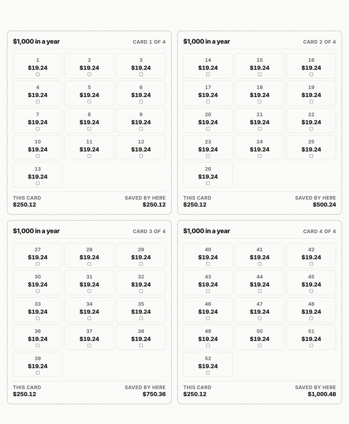 $1,000 in a year A6 binder inserts: 4 cards covering all 52 deposits, totalling $1,000.48