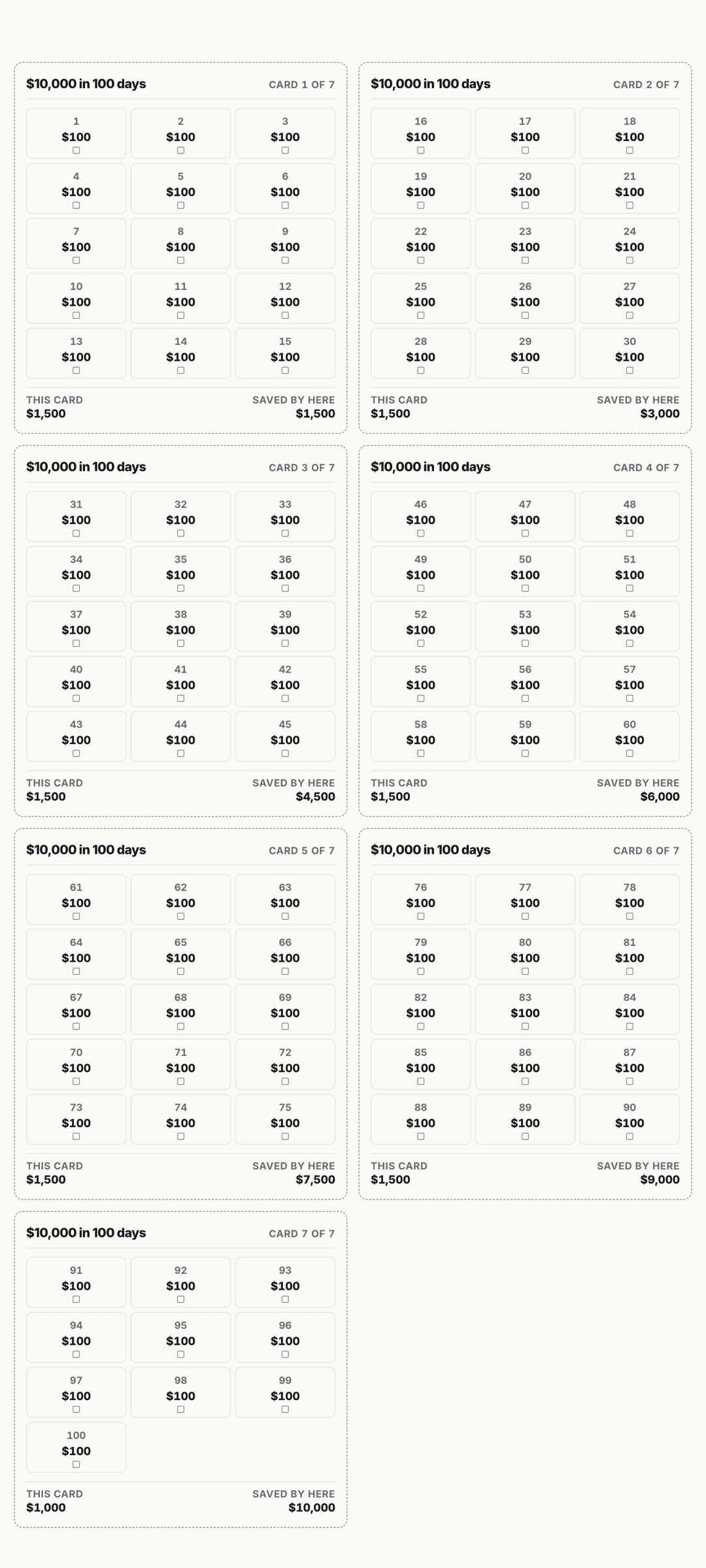 $10,000 in 100 days A6 binder inserts: 7 cards covering all 100 deposits, totalling $10,000