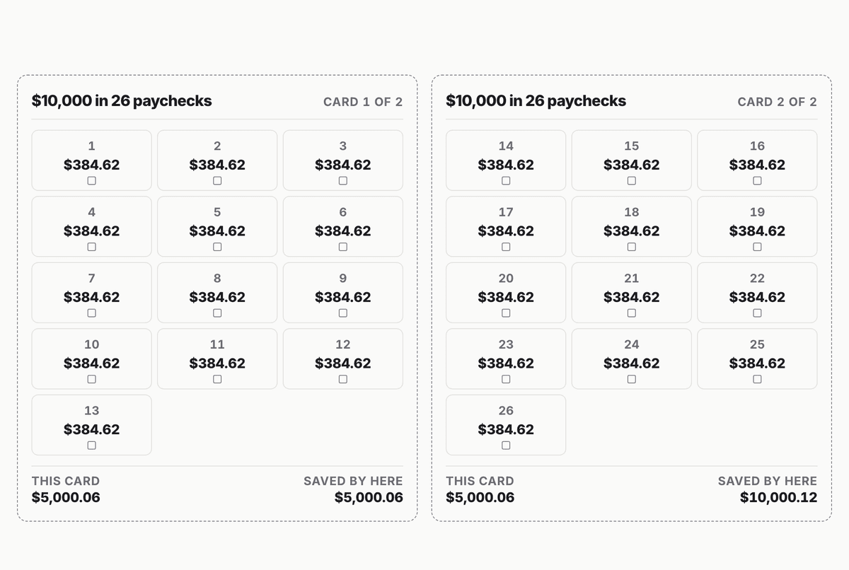 $10,000 in 26 paychecks A6 binder inserts: 2 cards covering all 26 deposits, totalling $10,000.12