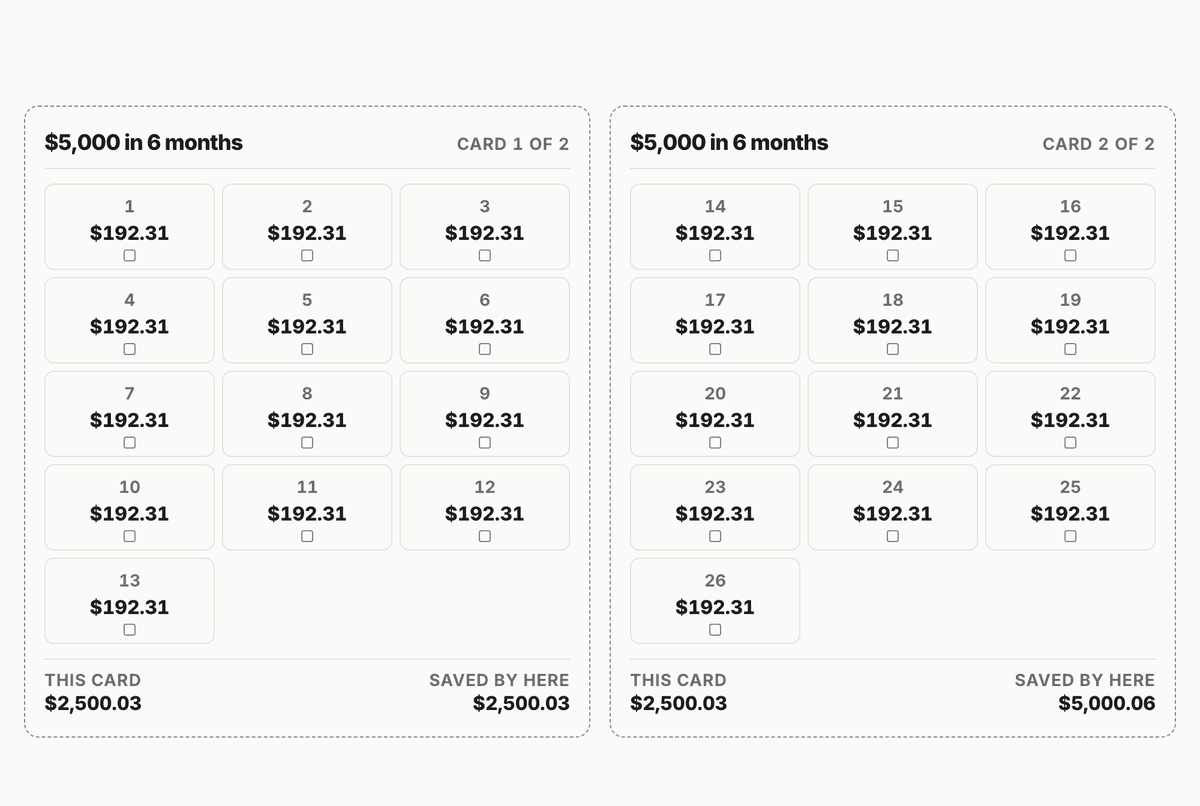 $5,000 in 6 months A6 binder inserts: 2 cards covering all 26 deposits, totalling $5,000.06