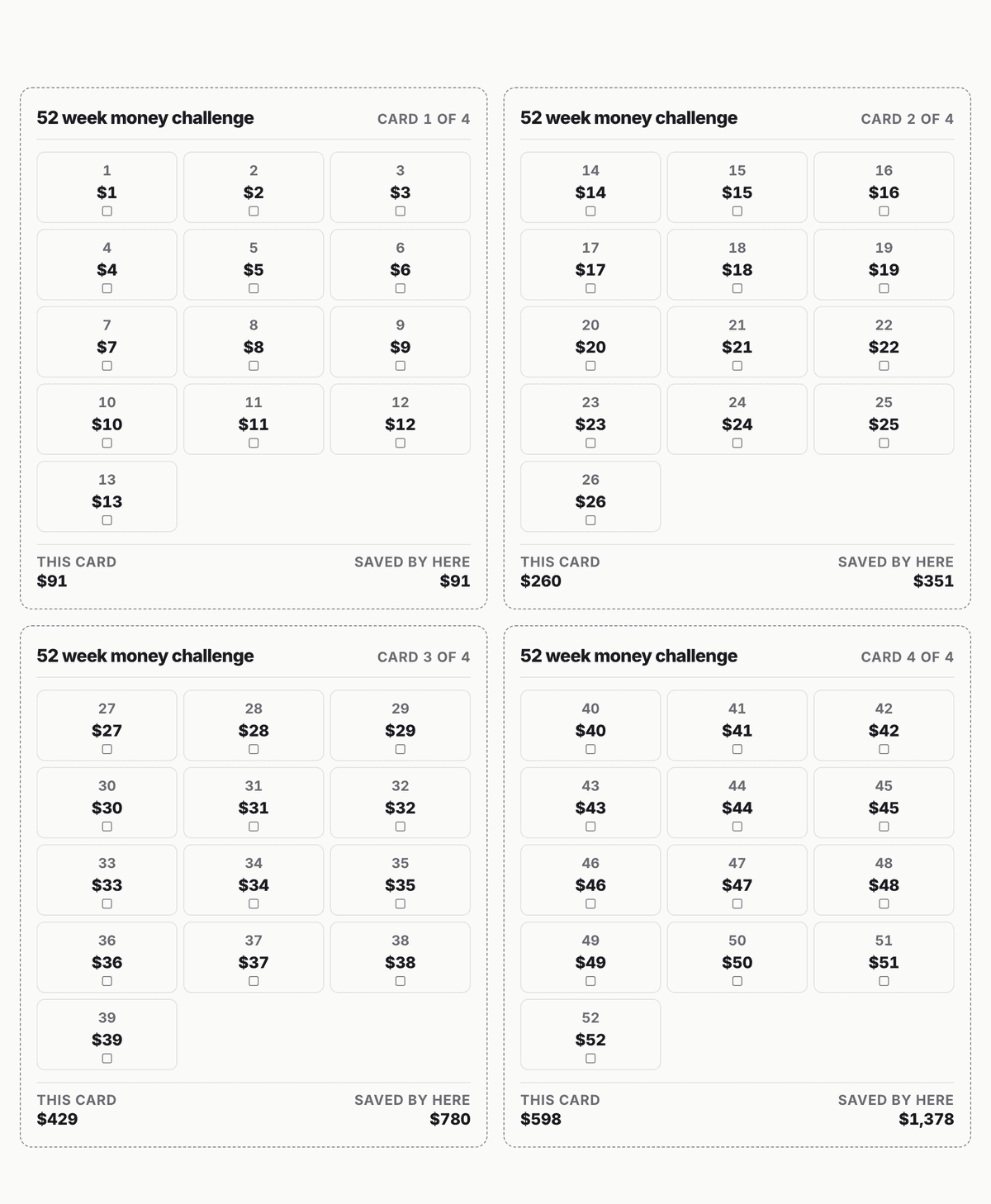 52 week money challenge A6 binder inserts: 4 cards covering all 52 deposits, totalling $1,378