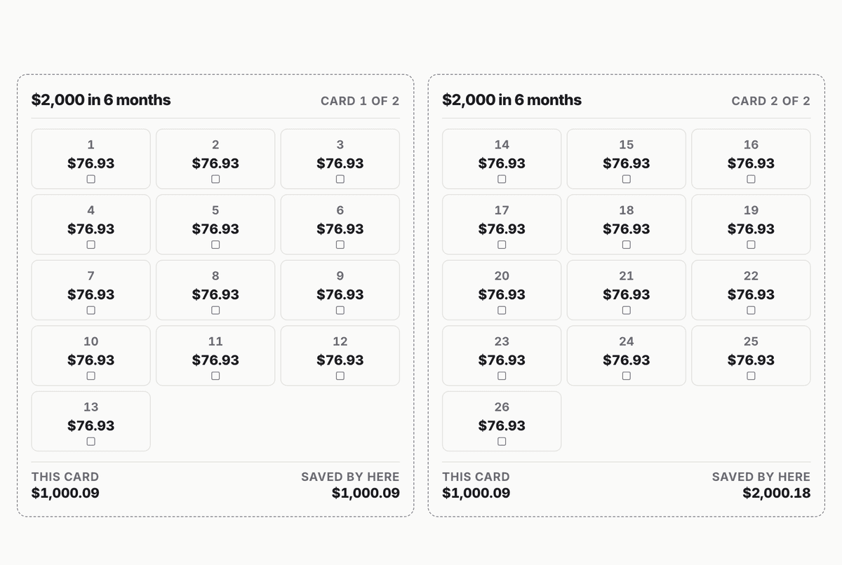 $2,000 in 6 months A6 binder inserts: 2 cards covering all 26 deposits, totalling $2,000.18