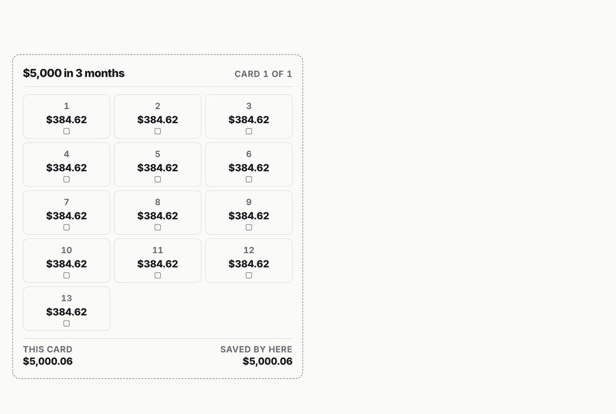 $5,000 in 3 months A6 binder inserts: 1 cards covering all 13 deposits, totalling $5,000.06