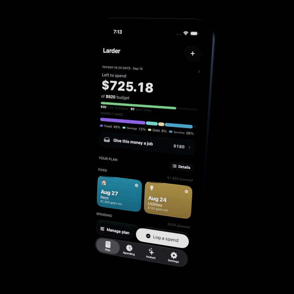 Larder on iPhone, showing $725.18 left to spend of a $920 budget, where it goes across fixed, savings, debt and spending, and the next two bills due