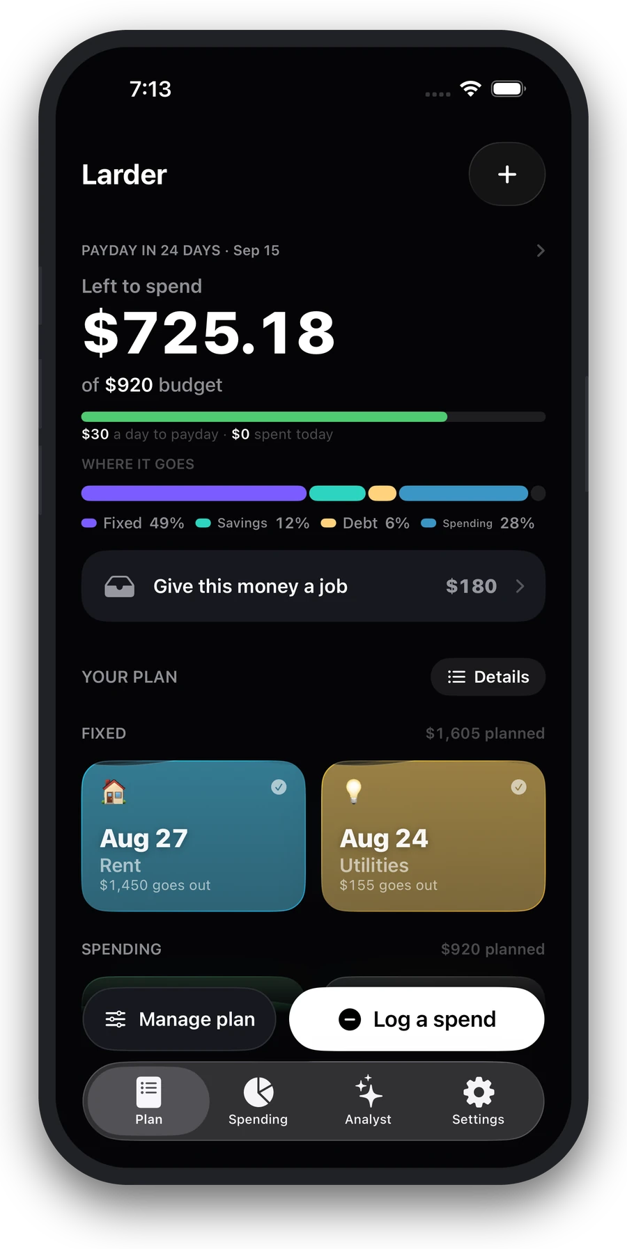 Larder on iPhone: the plan screen showing $725.18 left to spend, envelope cards for rent and utilities, and the spending breakdown