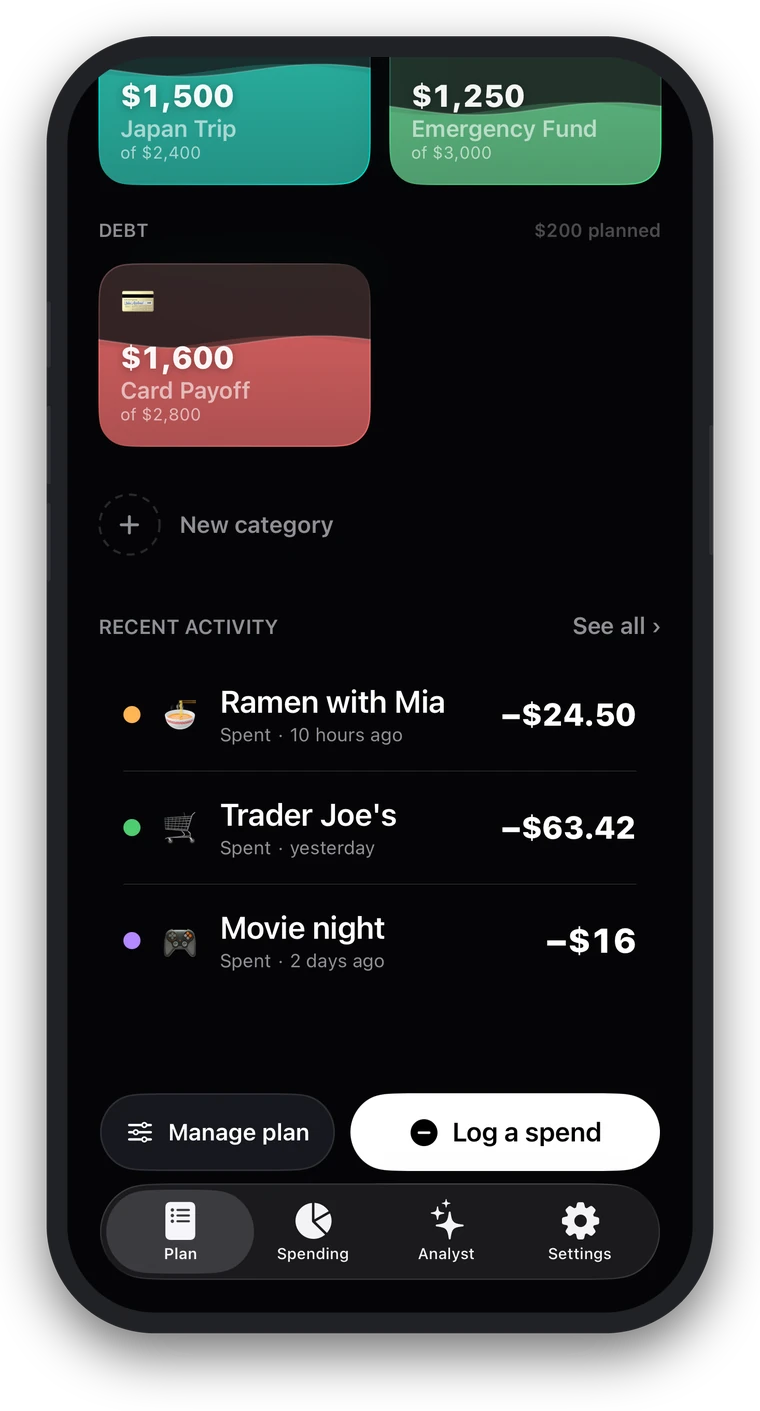 Larder envelope screen: savings envelopes for a Japan trip and an emergency fund, a card payoff envelope, and recent spending underneath